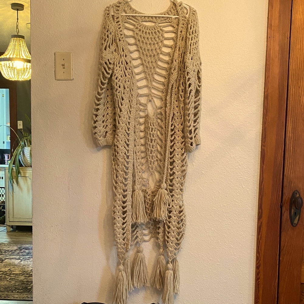 Boho Open-Knit Tassel Long Cardigan Sweater - Cream
